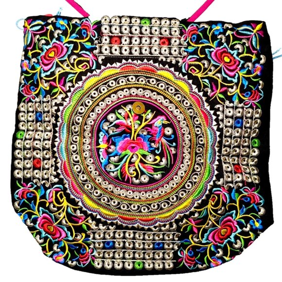 Embroidery Black Backpack Red Blue Boho Geometric Shapes FloralBird Shoulder Bag - Picture 7 of 12